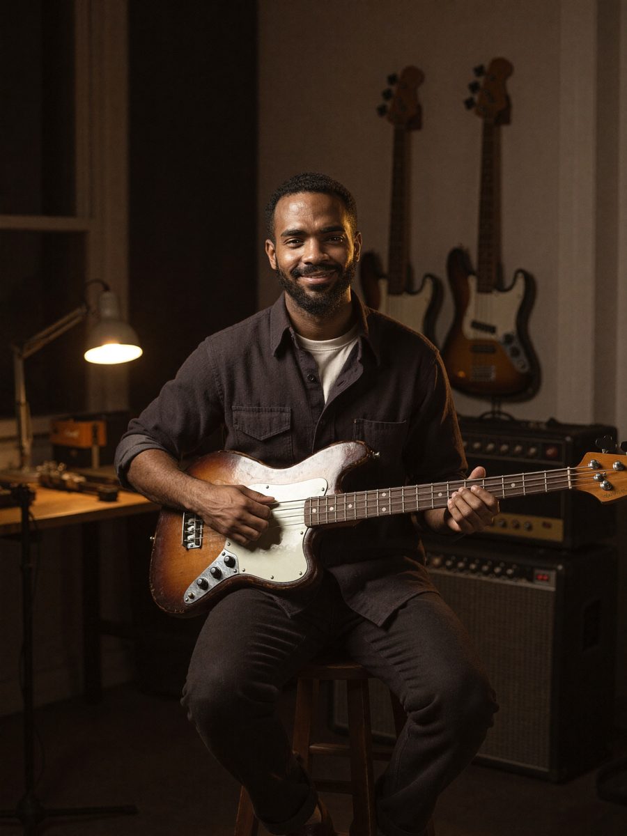 The Bass Gems host in his workshop, holding a well-worn precision bass