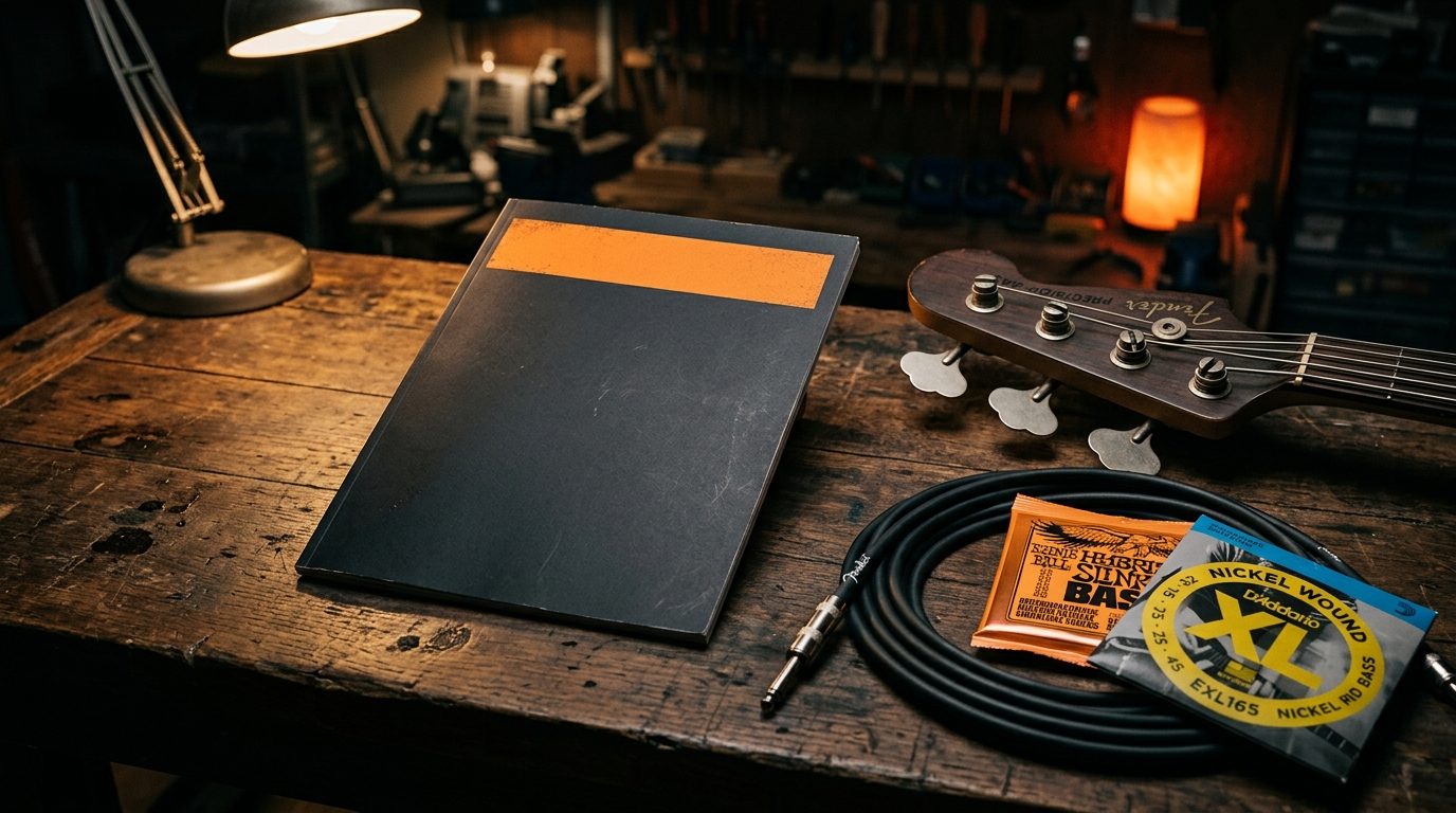 The printed guide on a dark workbench next to a precision bass headstock, a coiled cable and fresh string packets